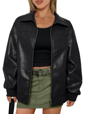Women's Black Polyester Oversized Zip Up Trendy Fashion Winter Leather Jacket